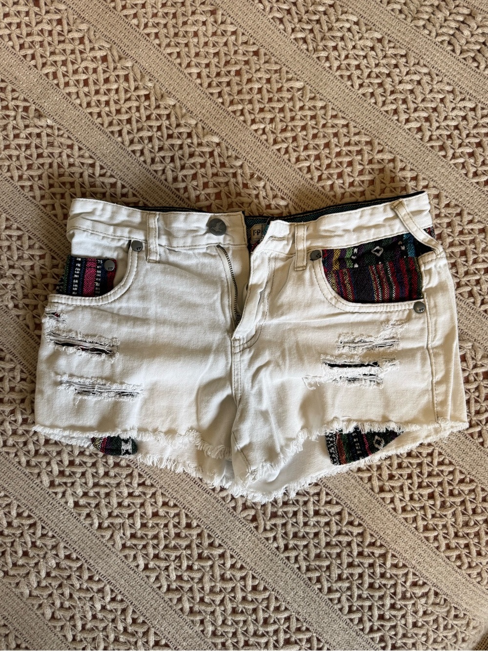 Free People Baja White Distressed Cutoff Shorts with Serape Stripe Accent